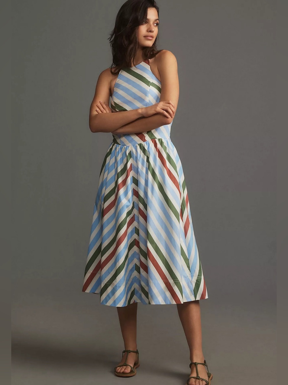 NWT Maeve Halter Sundress Large Coastal Stripe Midi White Blue Summer A-Line